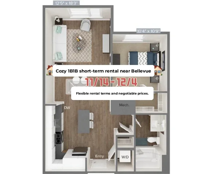 Cozy 1B1B Short-Term Rental Near Bellevue ✅ Super Affordable 💰 Flexible Dates